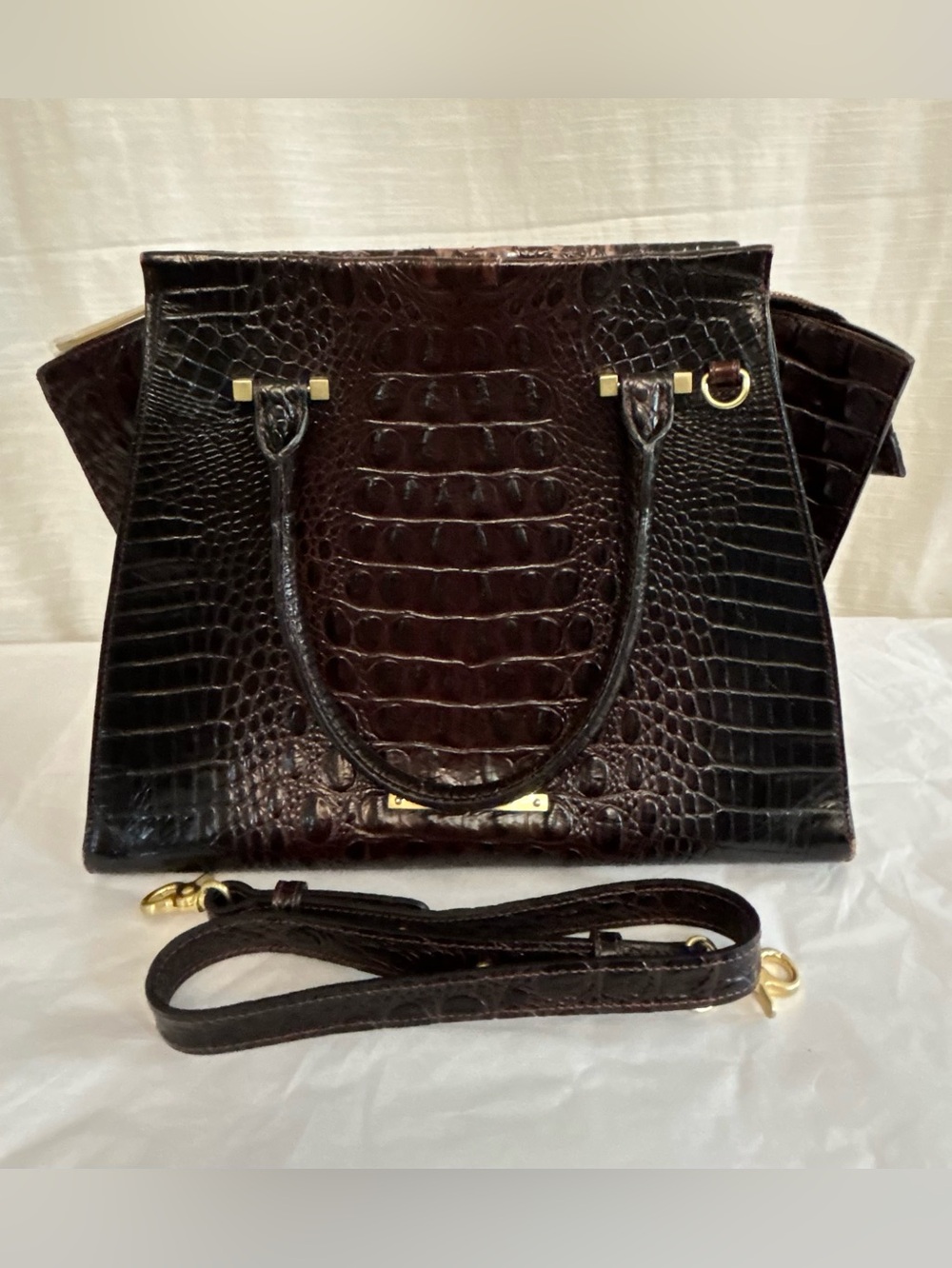Brahmin Priscilla Classic Dark Brown Croc-Embossed Structured Satchel Handbag - Picture 3 of 16